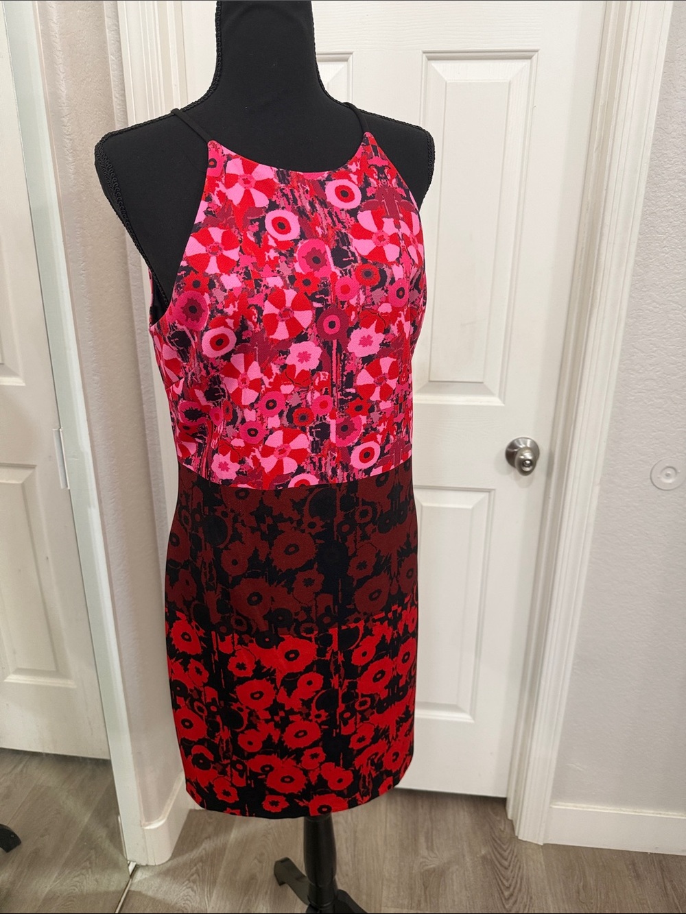 Badgley Mischka Pink and Red Floral Halter Sheath Dress